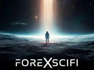 Futuristisches Ambiente, das einen Menschen zeigt, der in einem Lichtstrahl steht