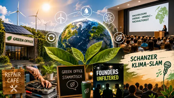 Die THI eröffnet ihr neues Green Office mit einer vielfältigen Opening Week rund um Nachhaltigkeit, Innovation und Wissenschaftskommunikation. Höhepunkte sind die Ringvorlesung Energie – Umwelt – Nachhaltigkeit sowie der Schanzer Klima-Slam (Symbol