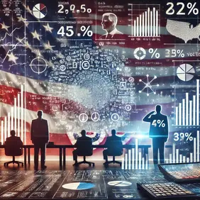 Trump oder Harris? Am 5. November wählen die US-Bürgerinnen und Bürger (Symbolbild: ChatGPT). KI-generiertes Symbilbild der US-Wahlen mit verschiedenen datenanalytischen Symbolen, Personen an Schreibtischen und der US-Flagge im Hintergrund