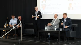 Panel discussion: Professor Hans-Georg Schweiger, Professor Werner Huber, moderator Professor Christian Birkner, Professor Andre Seeck and Dr Reinhard Brandl (left to right) discussed the future of automotive safety research (Photo: THI).
